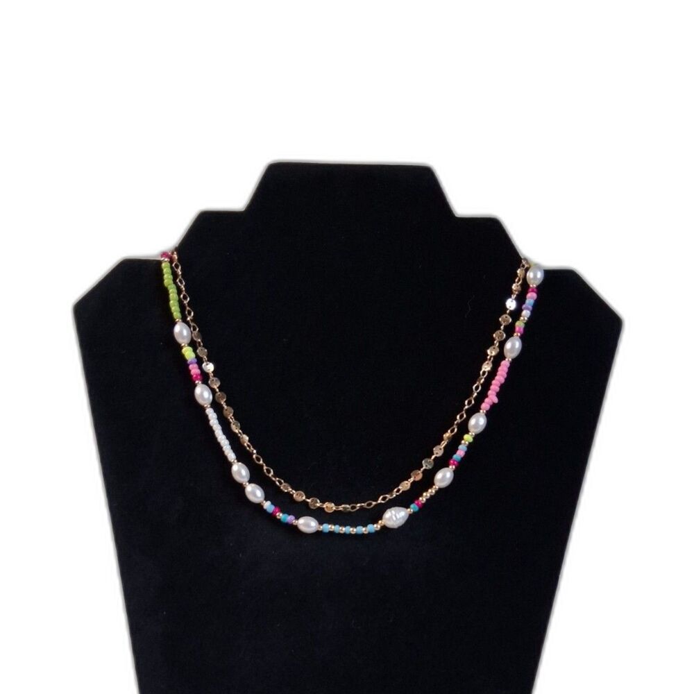 Multicolored Beaded and Gold Toned Nugget Tinsel Chain Double Strand Necklace